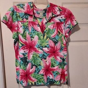 Caribbean Joe Womens L Short Sleeve Floral Polo Top V Neck Tropical Boho
